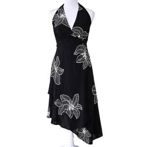 S.L. Fashions Black White Floral Halter Dress Petite 10P M Asym Hem Evening
